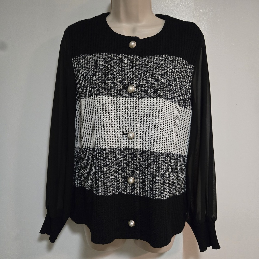 Ming Wang Size M Black Colorblock Ribbed Sweater Fancy Button Up Unique Blouse